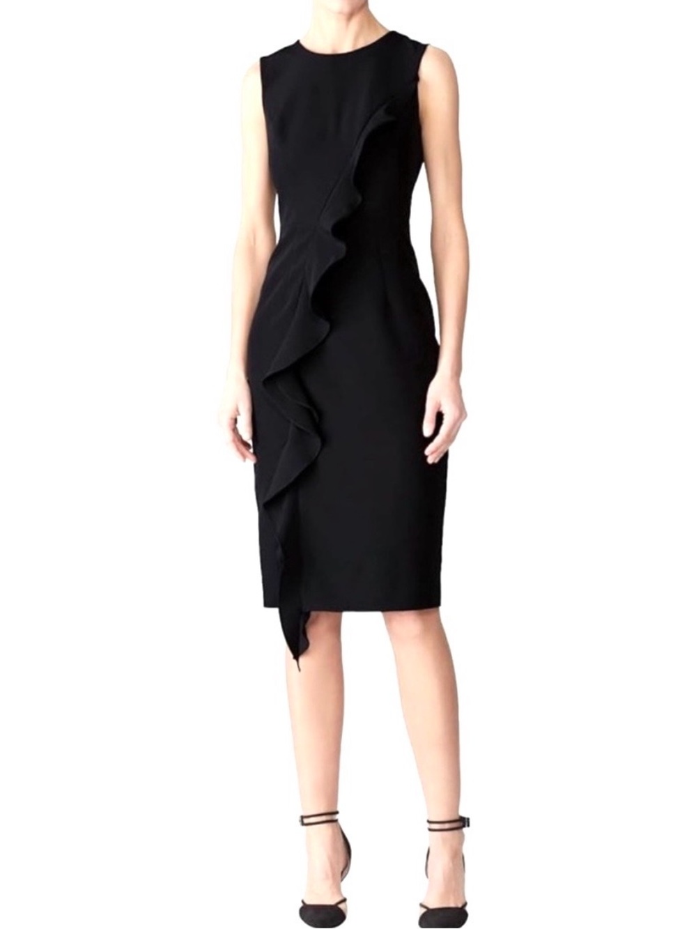 Milly black ruffle front crew neck shift dress size 0